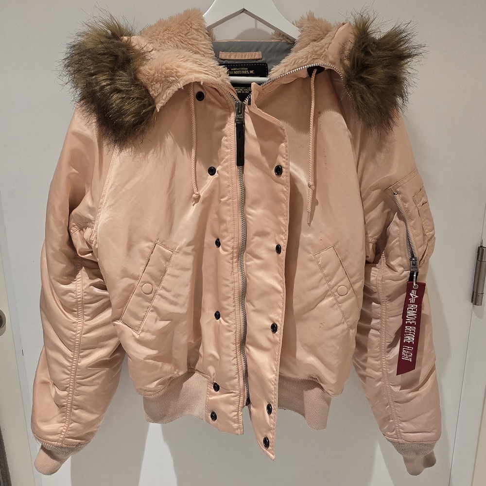 Alpha Industries Peach Bomber Jacket with Faux Fur Hood